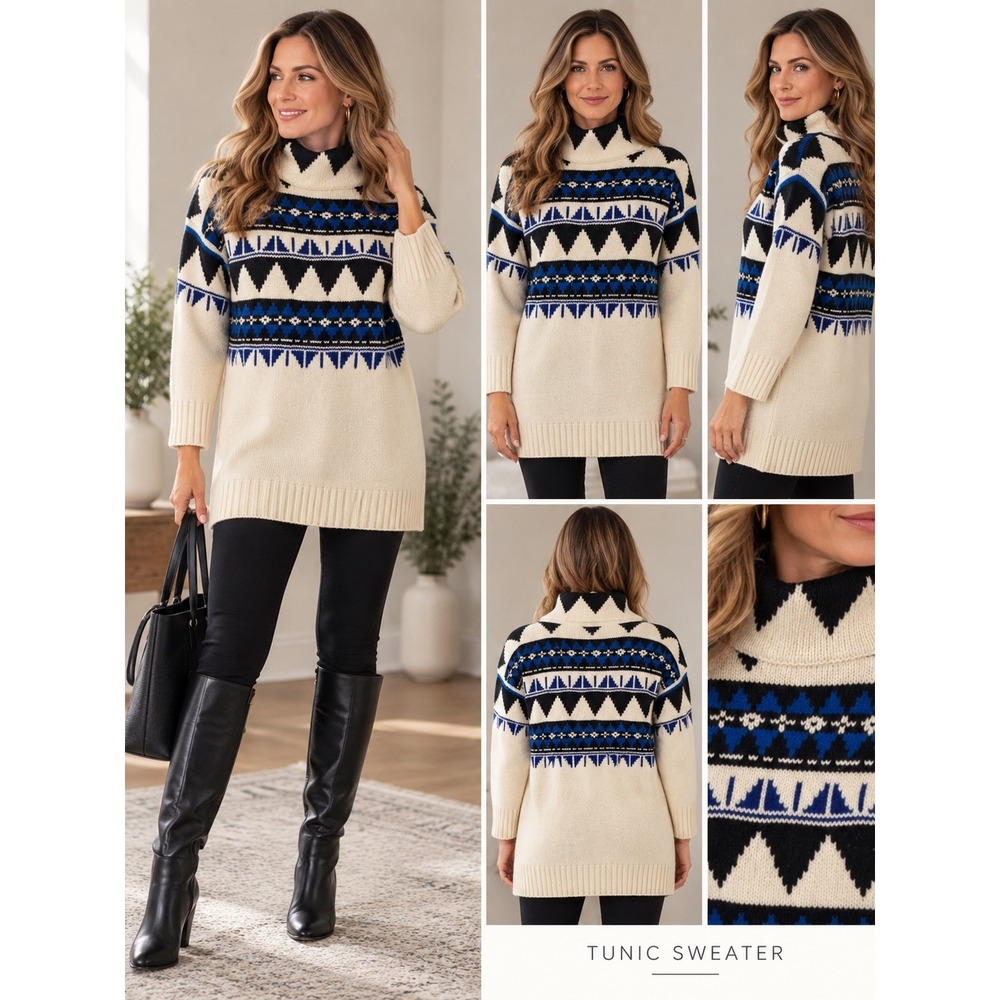 Polo Ralph Lauren Women Cream Blue Geometric Fair Isle Mock Neck Tunic Sweater S